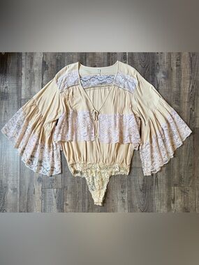 Free People Intimately Lace-Trim Beige Boho Bodysuit Medium